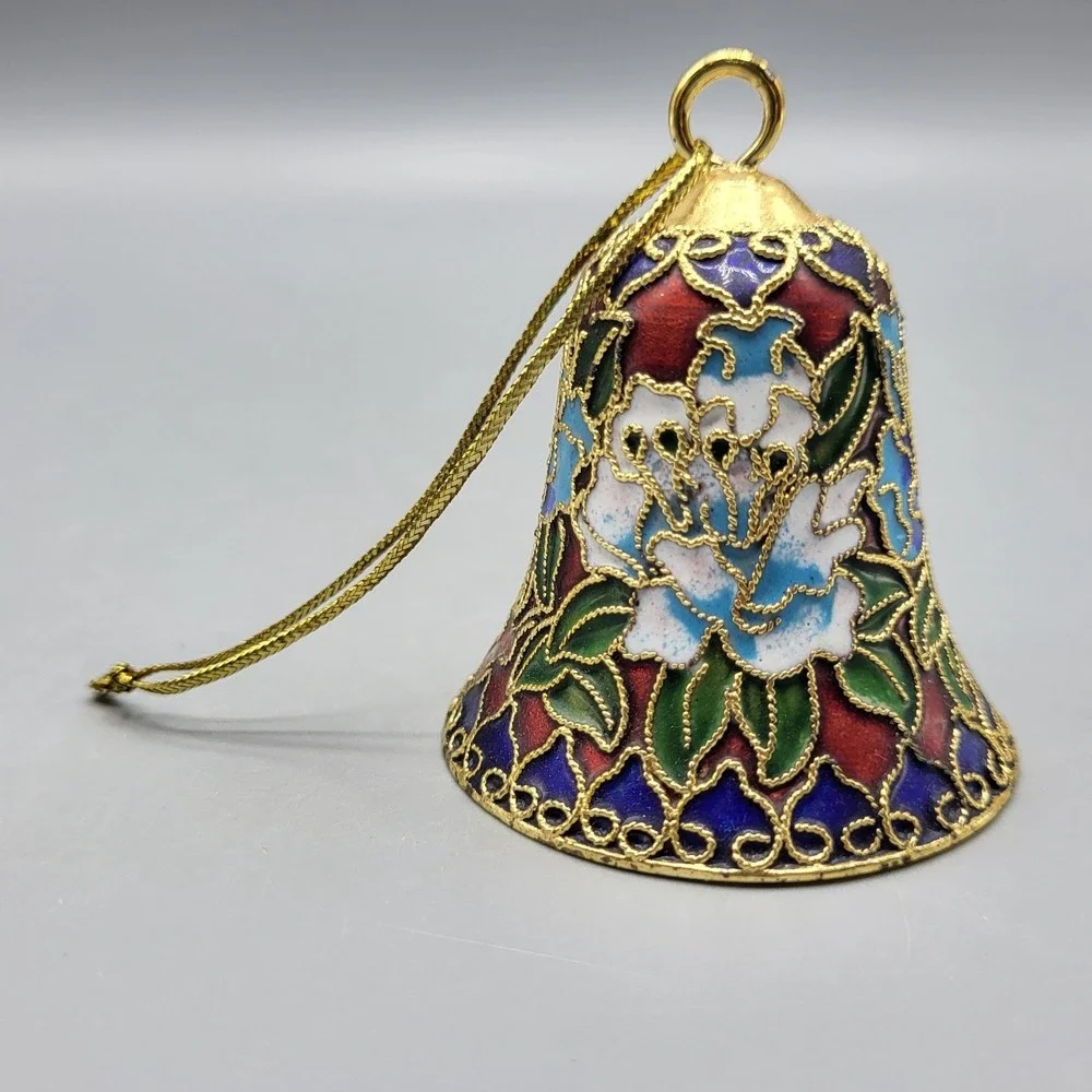 Cloisonne Bell Ornament Floral Enamel Filigree Blue Red Gold Holiday Decor